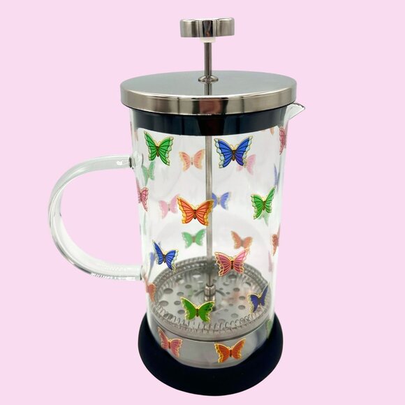 NWT COLORFUL BUTTERFLY GLASS FRENCH PRESS COFFEE MAKER STAINLESS LID/PLUNGER - Picture 4 of 5